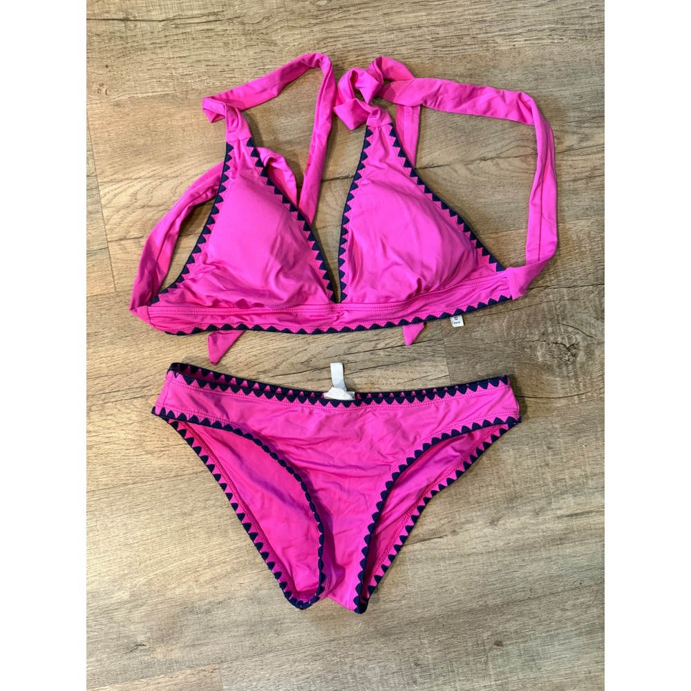 Lucky Brand Swim Womens Hot Pink Navy Scallop Trim Halter Bikini Set Size Medium